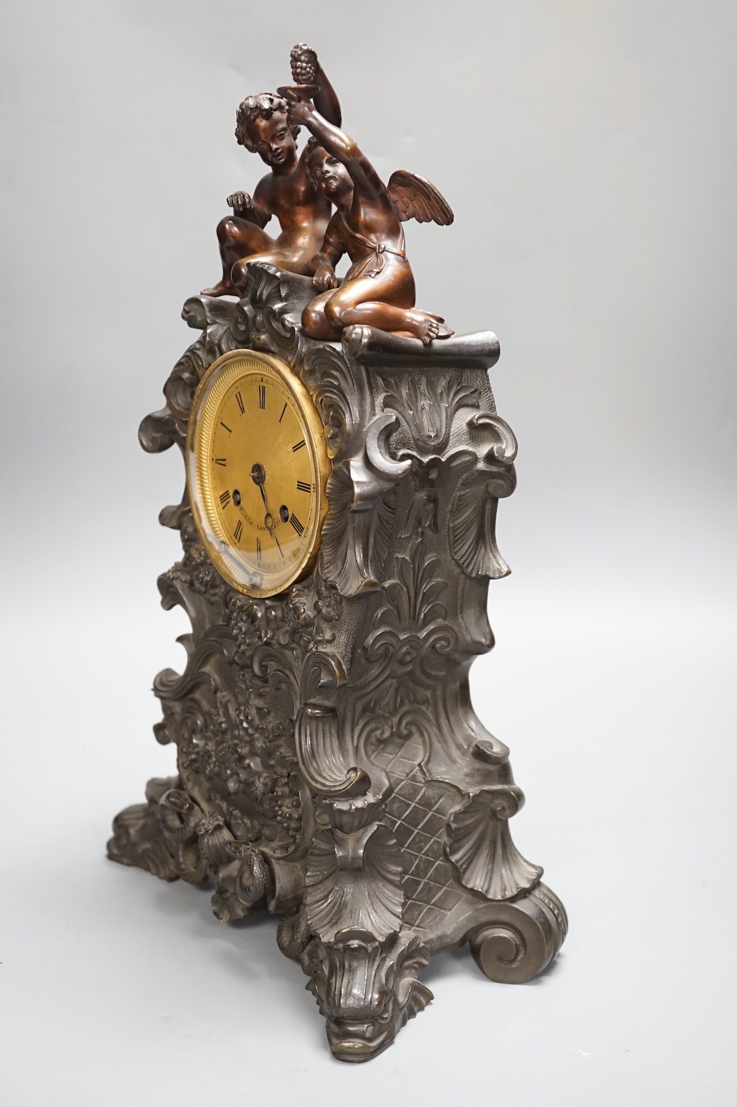 A late 19th French bronze figural mounted mantel clock 39cm